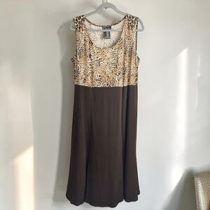 Vintage 90s K Studio 18W Plus Dress Animal Print Brown Midi A-Line Retro Office